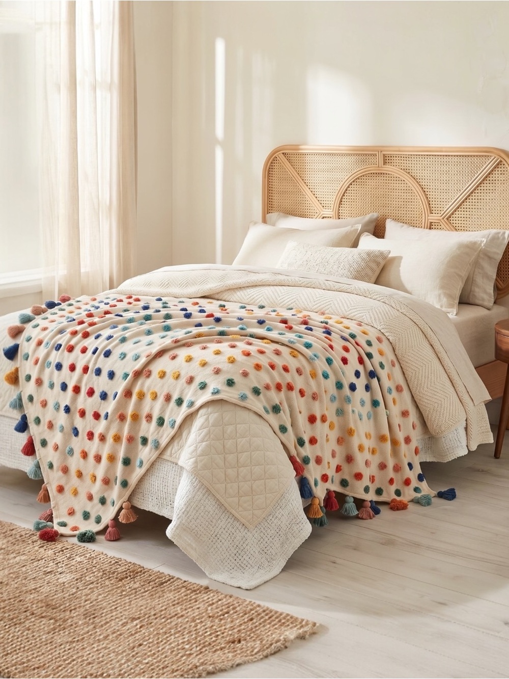 NEW Anthro Boho Tassel Pom Pom Colorful Cotton Throw Blanket Bedding - 50" x 60"